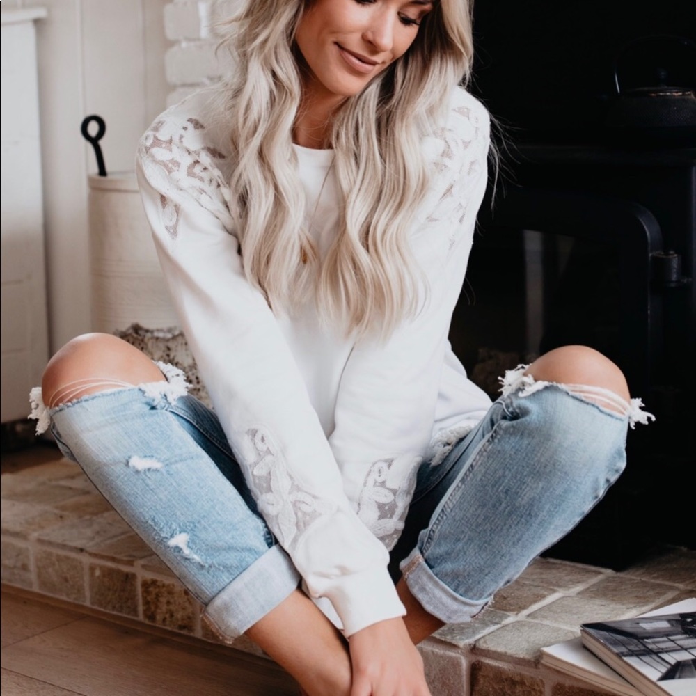 Sweet As Ever Cotton + Lace Sweatshirt White Sz Sm